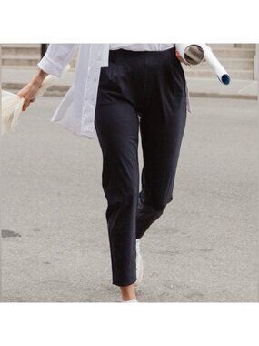 A Day Pants Navy Blue Turn It Up Slim Straight Leg High Rise Travel Trouser Sz S
